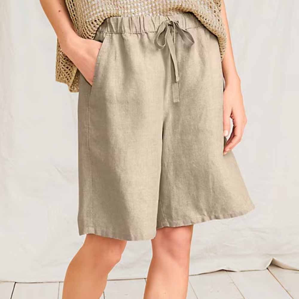 Eileen Fisher Organic Linen Drawstring Shorts Medium Tan Beige Casual Summer